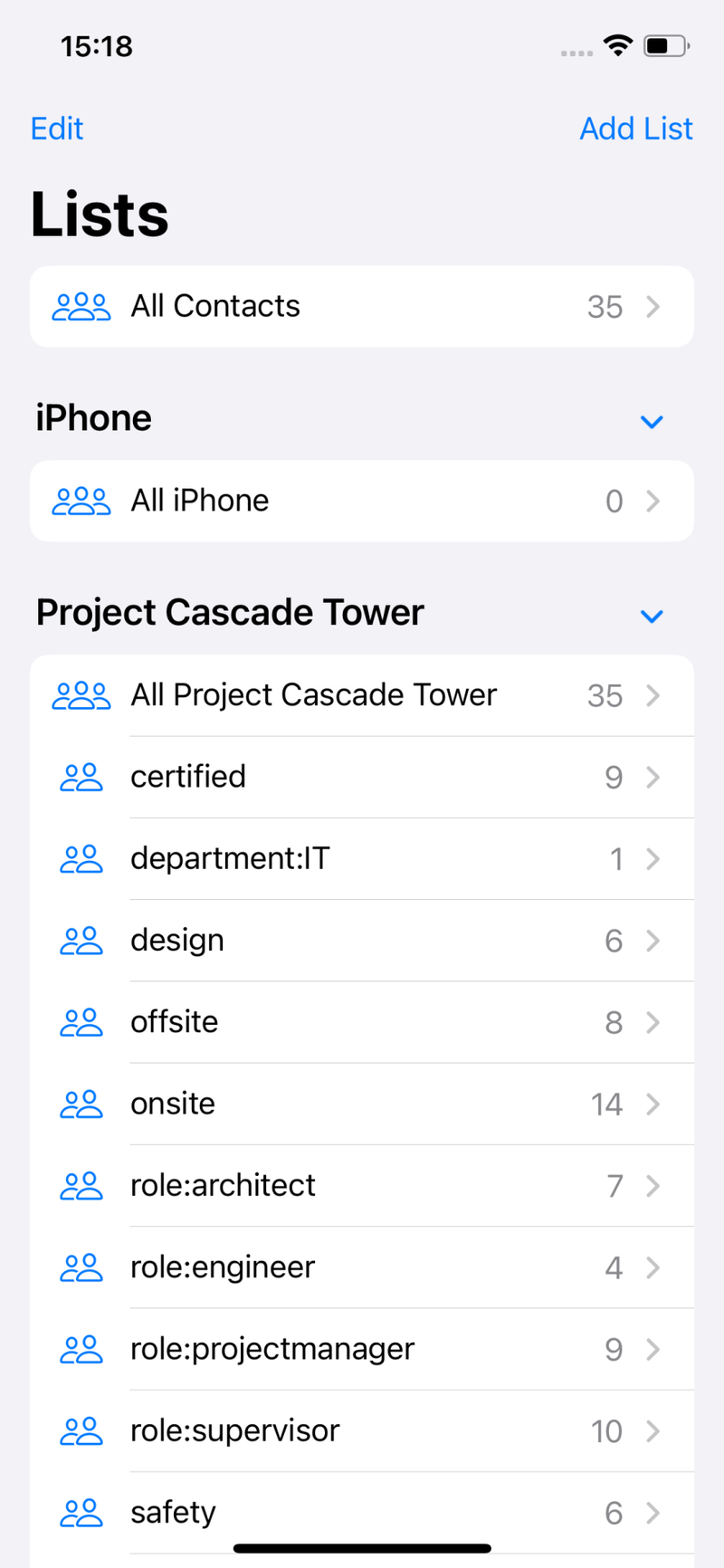 Contactzilla contacts showing in the native contacts app on iOS.