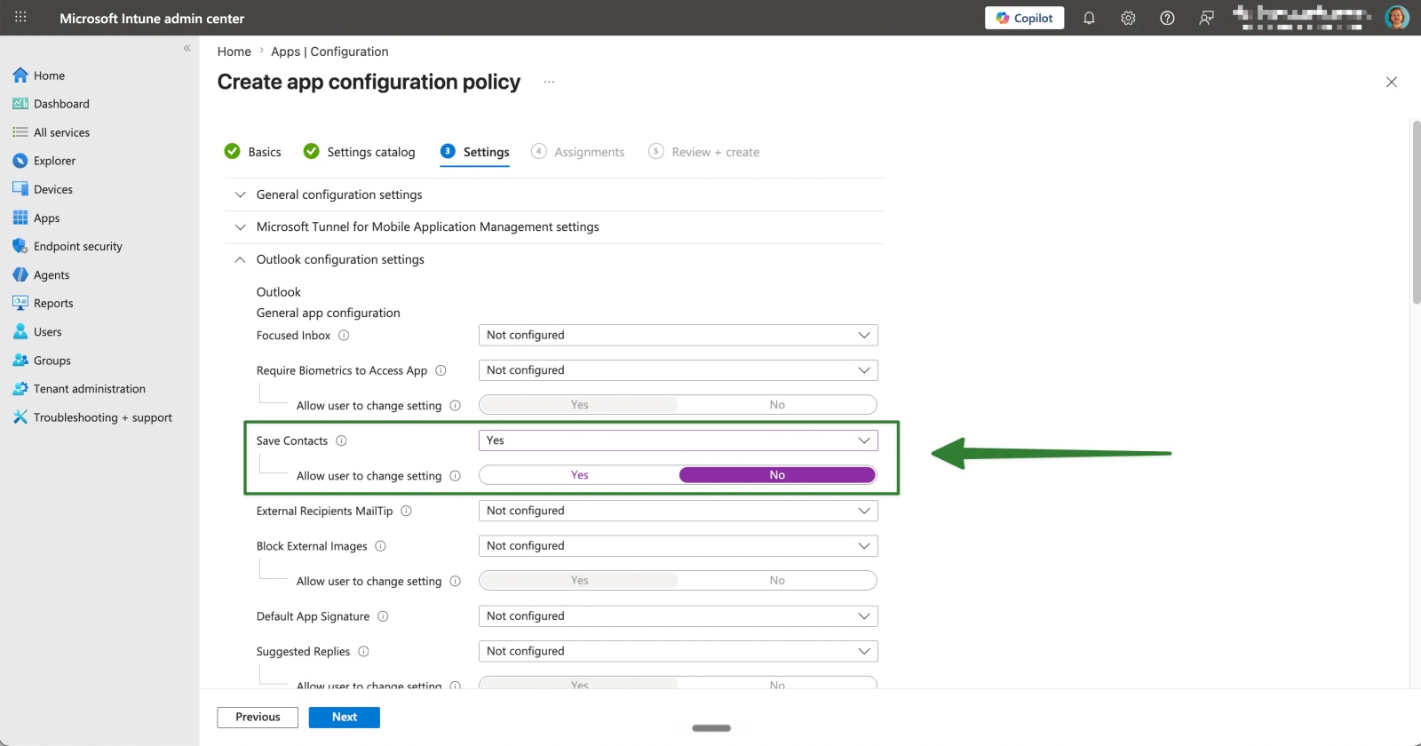 Outlook Save Contacts setting in an Intune app configuration policy.