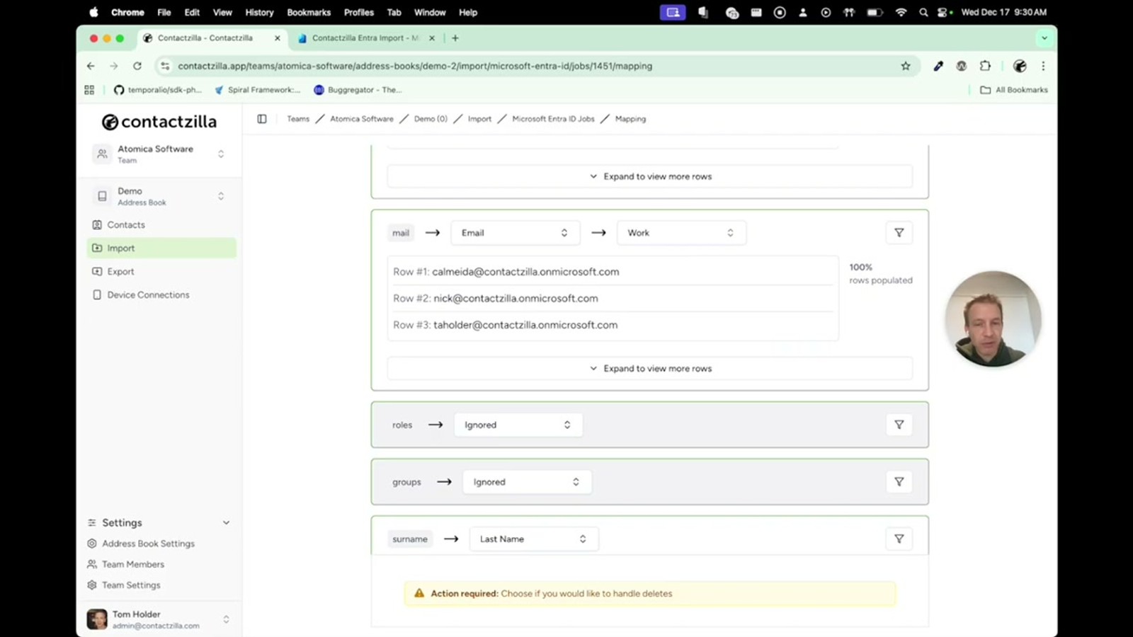 Field mapping screen showing ID mapped to Hidden Custom Unique with title MSID, and other Entra fields mapped to contact fields