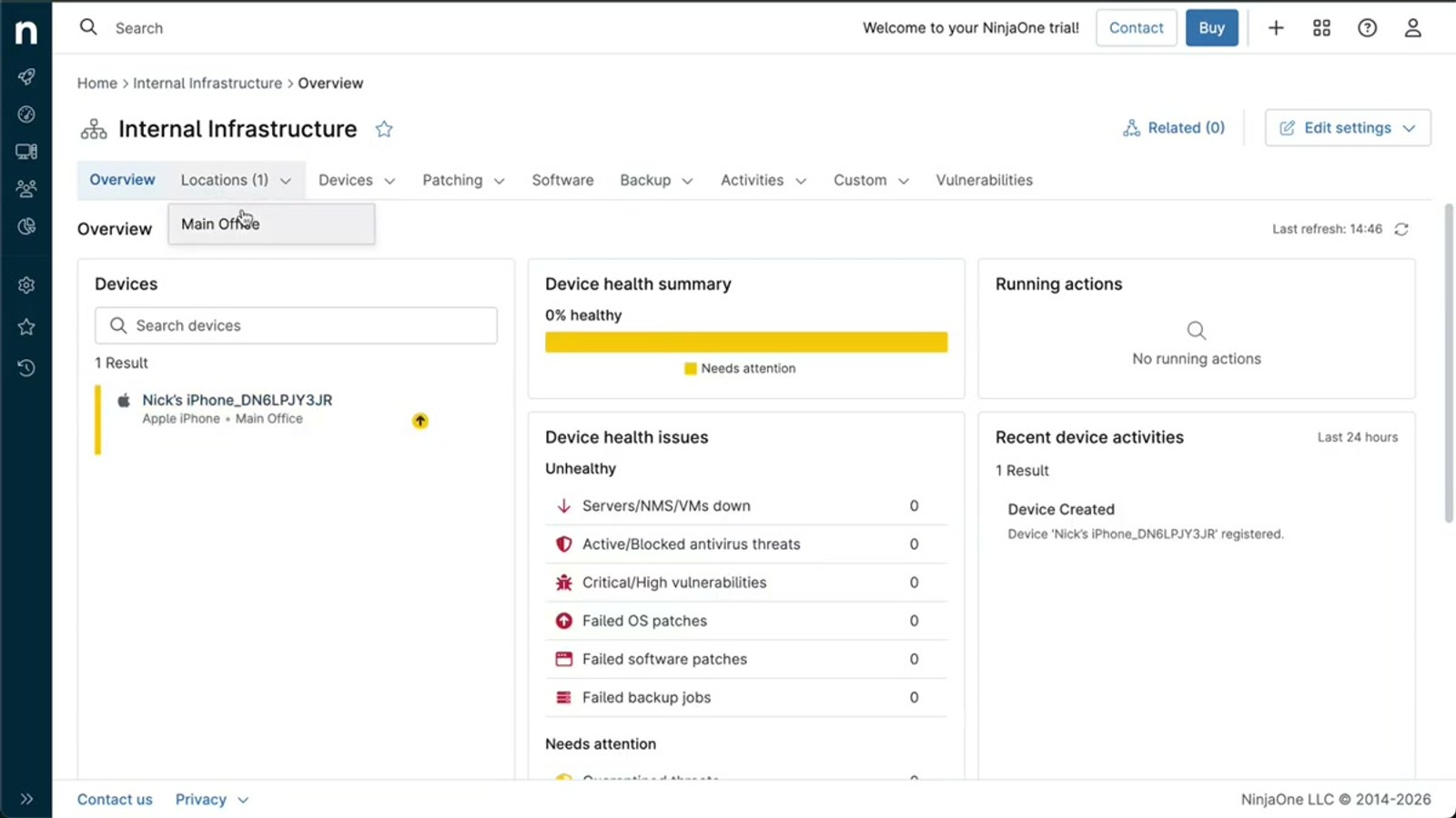 NinjaOne dashboard showing the main management interface with enrolled devices