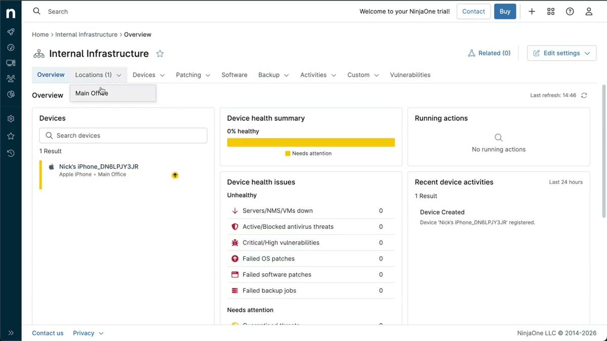 NinjaOne dashboard showing the main management interface with enrolled devices