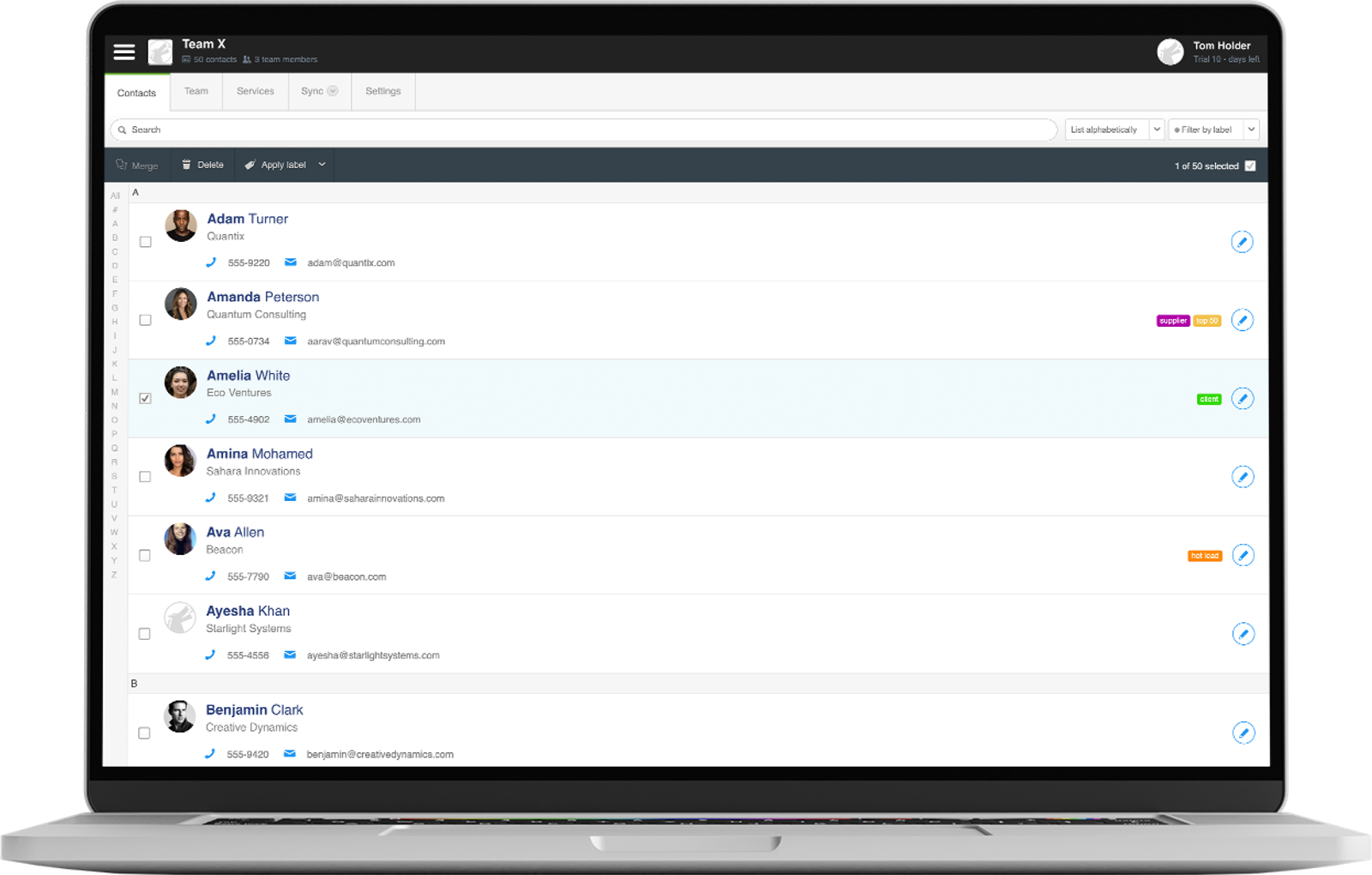 A laptop showing the Contactzilla web interface.