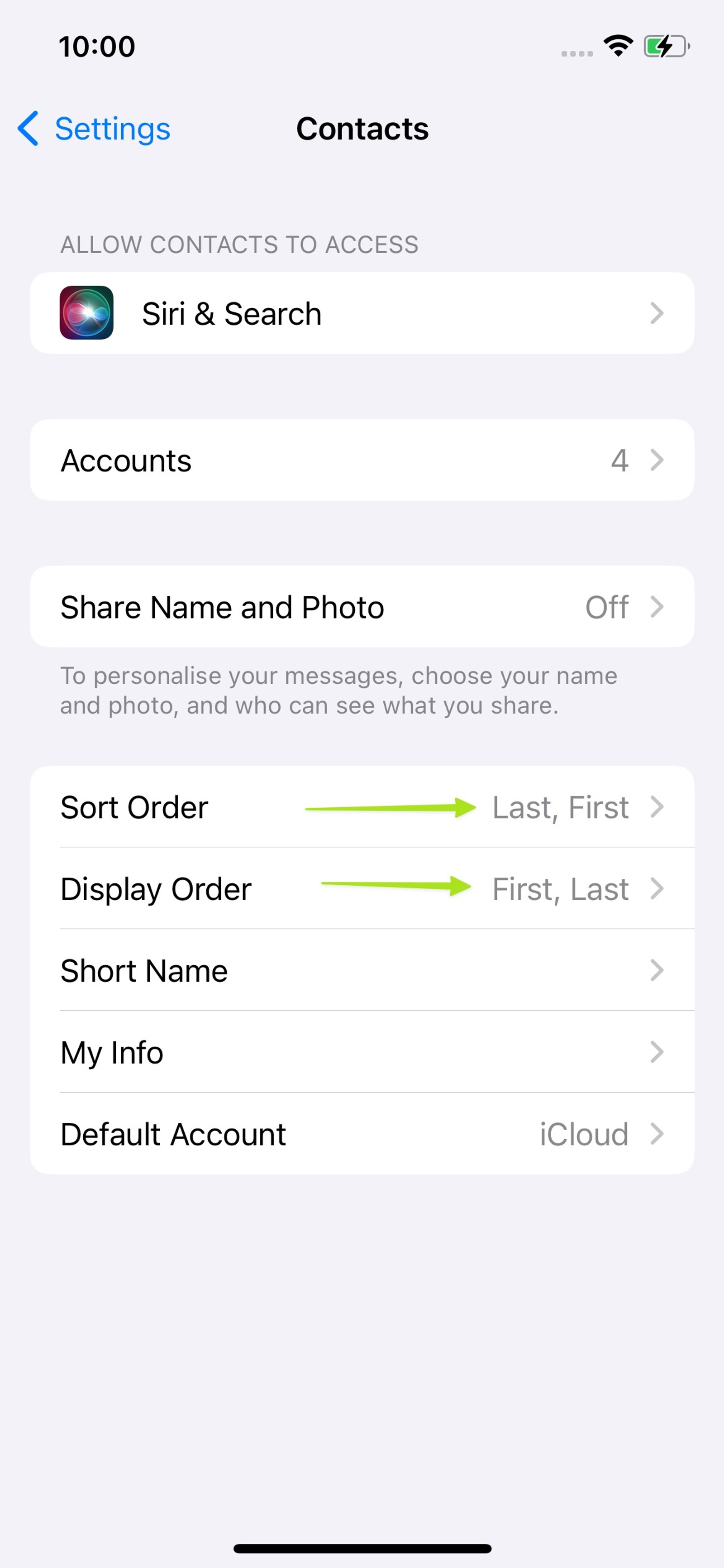 Changing the Sort order for your contacts.