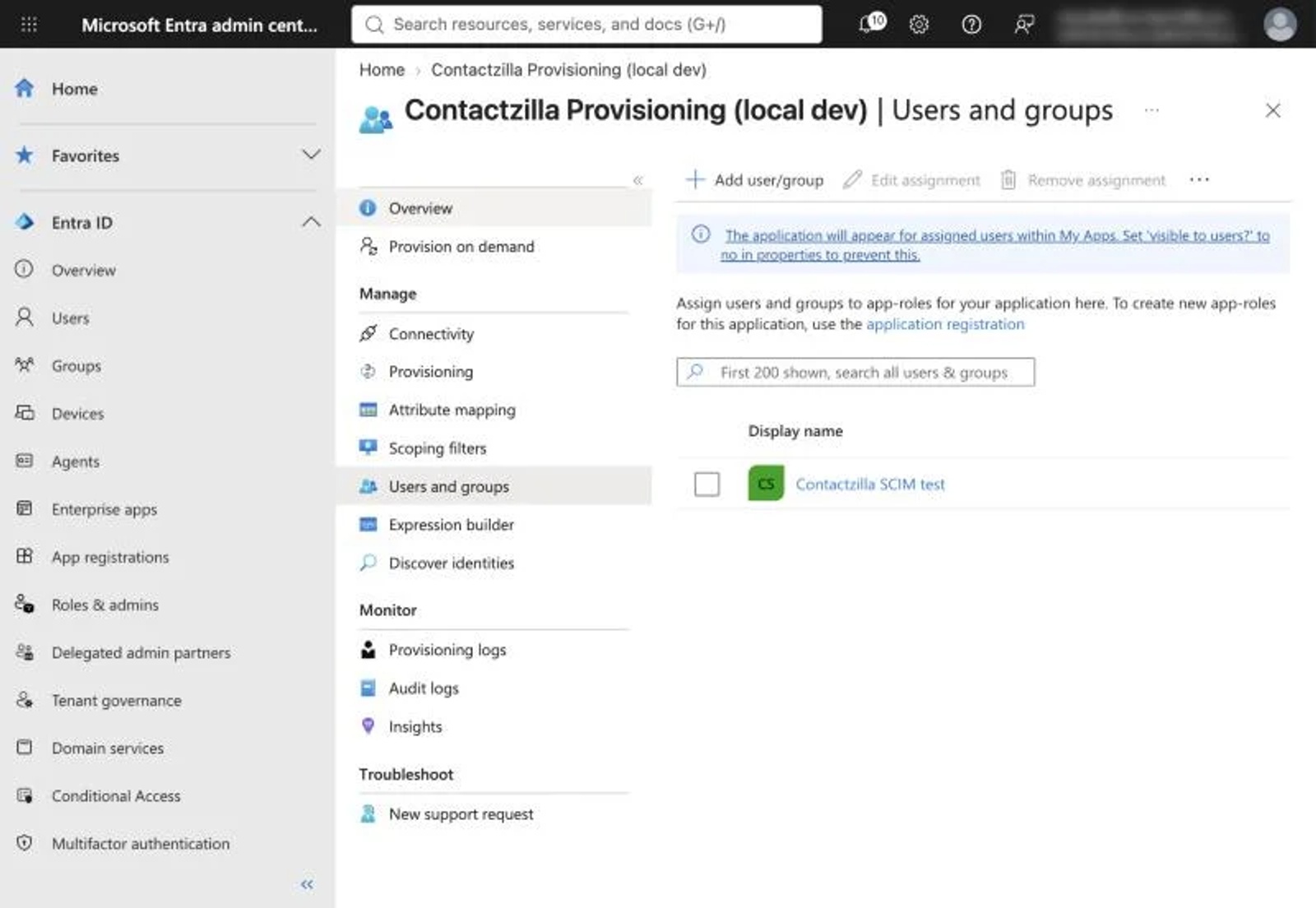 Entra Users and groups page for the provisioning app with a security group assigned.