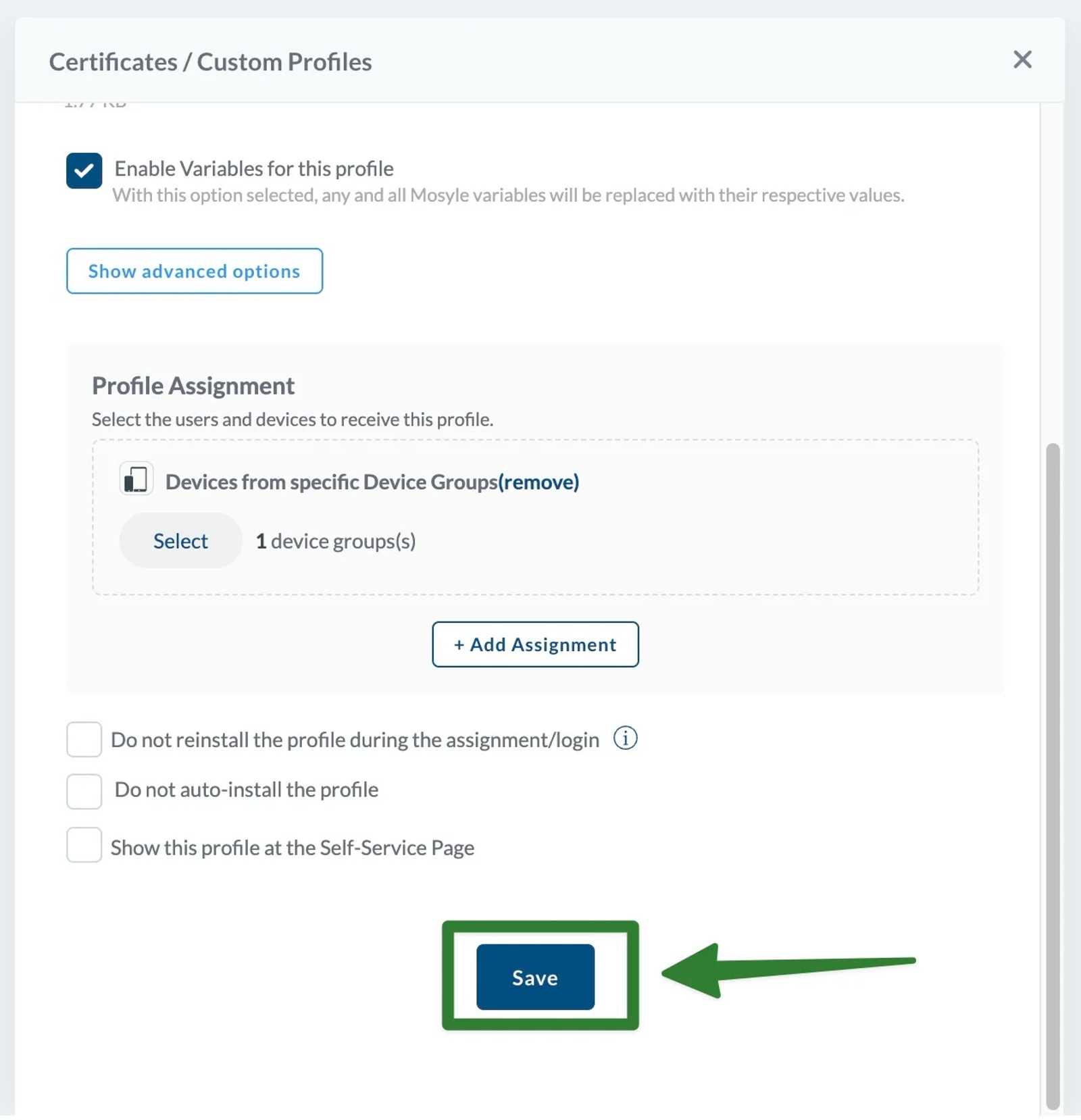Save the Mosyle custom profile after assigning the Contactzilla CardDAV configuration to a device group.