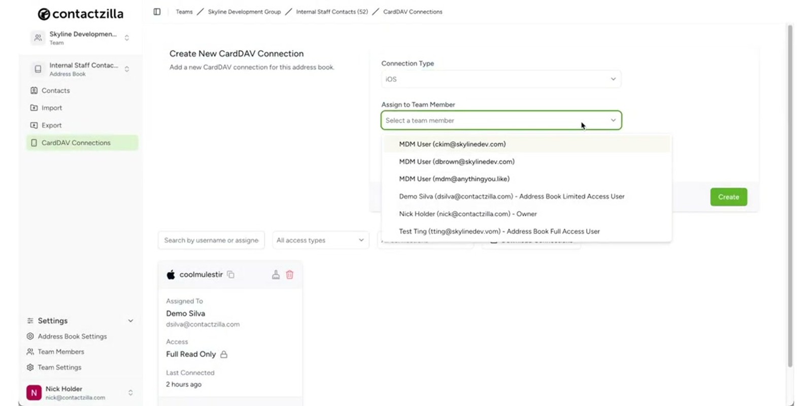 iPhone native Contacts app showing the Internal Staff address book with organized contact lists synced from Contactzilla