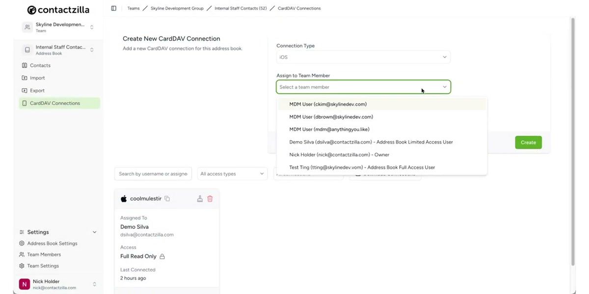 iPhone native Contacts app showing the Internal Staff address book with organized contact lists synced from Contactzilla