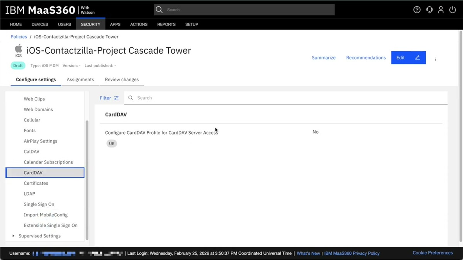 IBM MaaS360 Add Policy screen showing the policy name field, iOS MDM type selection, and the option to base on existing policies