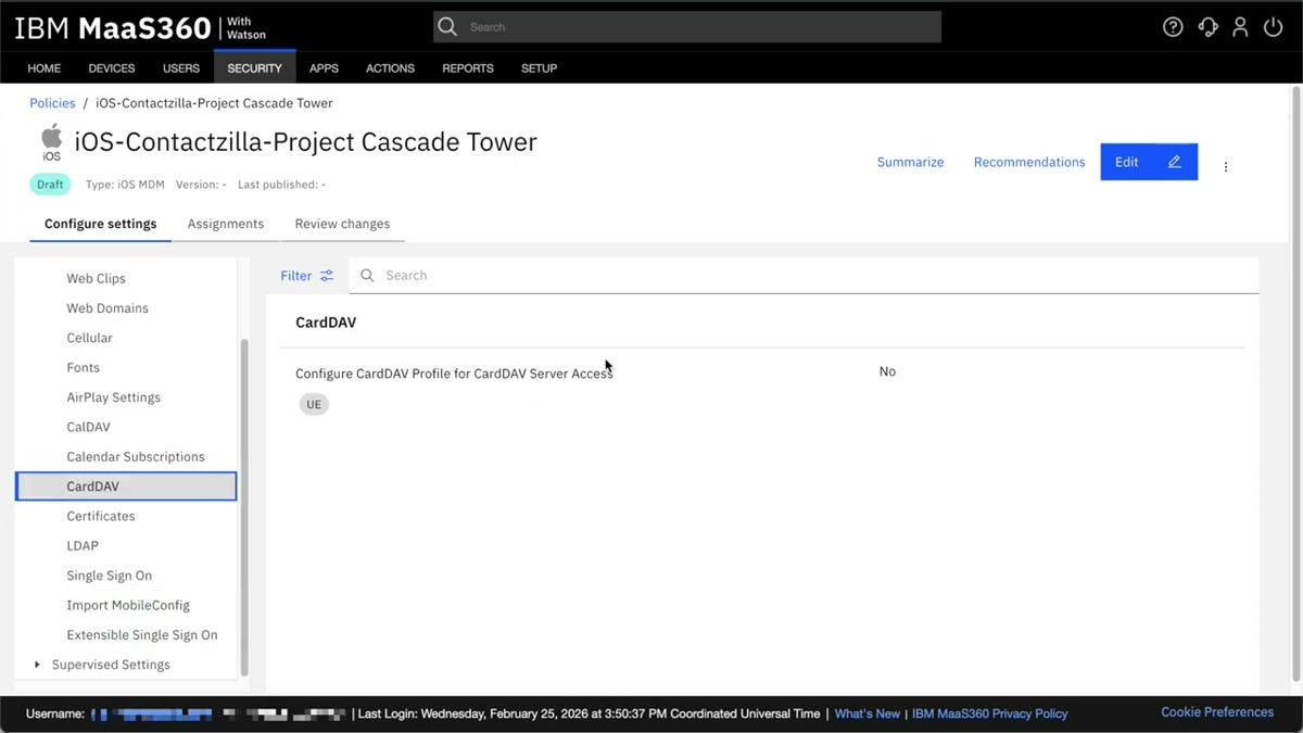 IBM MaaS360 Add Policy screen showing the policy name field, iOS MDM type selection, and the option to base on existing policies
