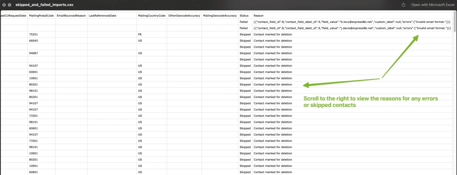 CSV file showing skipped and failed imports in Contactzilla, highlighting reasons for failure.