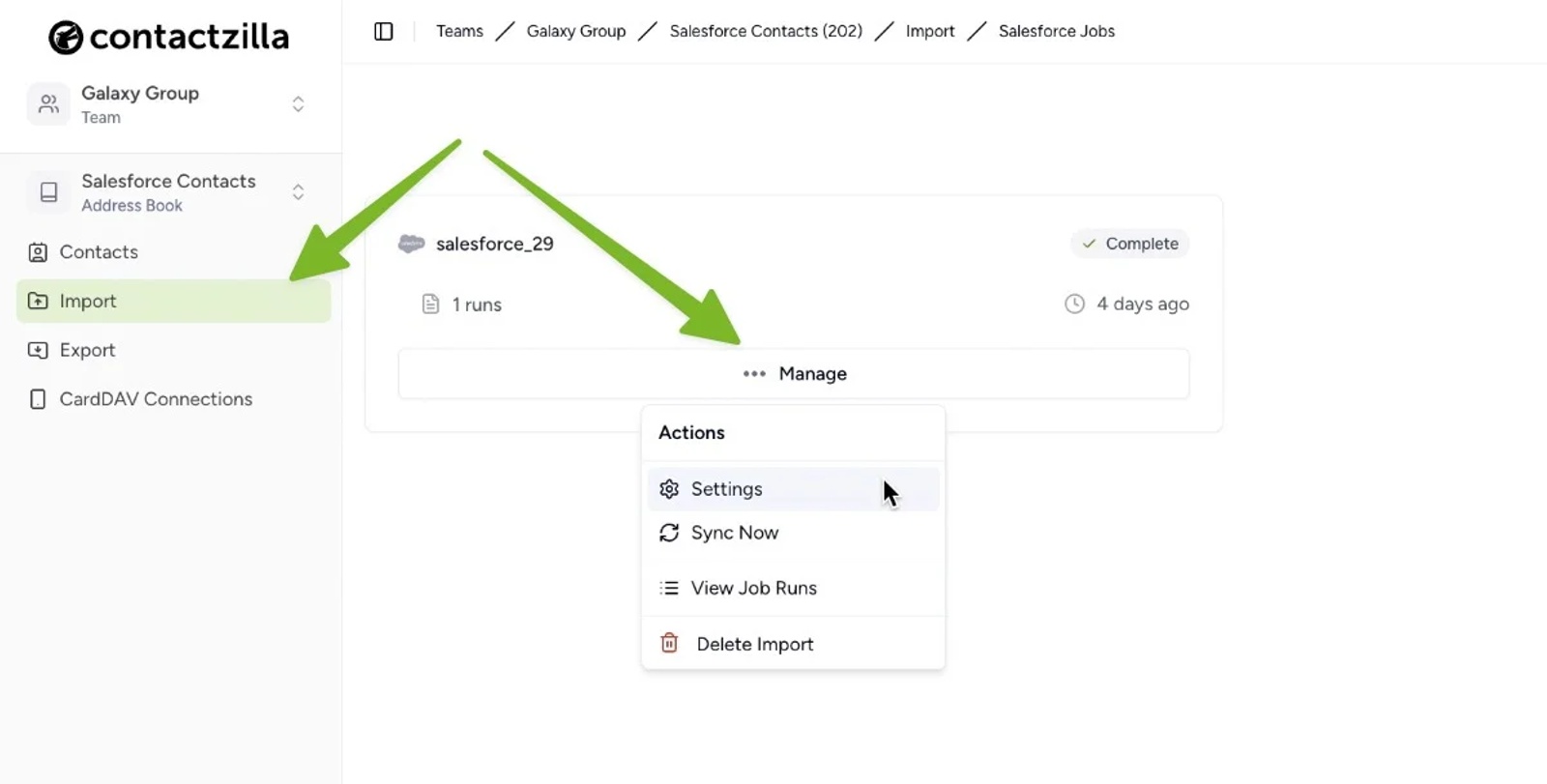 Manage Salesforce import in Contactzilla with options to sync, adjust settings, or delete.