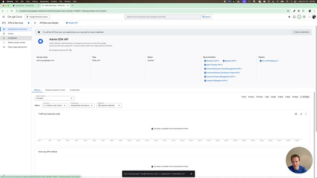 Google Cloud Console APIs and Services page with the Admin SDK API being enabled