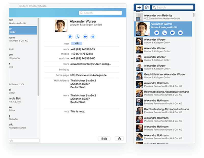 A screenshot of the Cisdem ContactsMate app interface on macOS, displaying a contact profile with detailed fields on the left and a list of multiple contact entries on the right. The contact "Alexander Wurzer" is selected, showing fields like work phone numbers, email, tags, and notes.