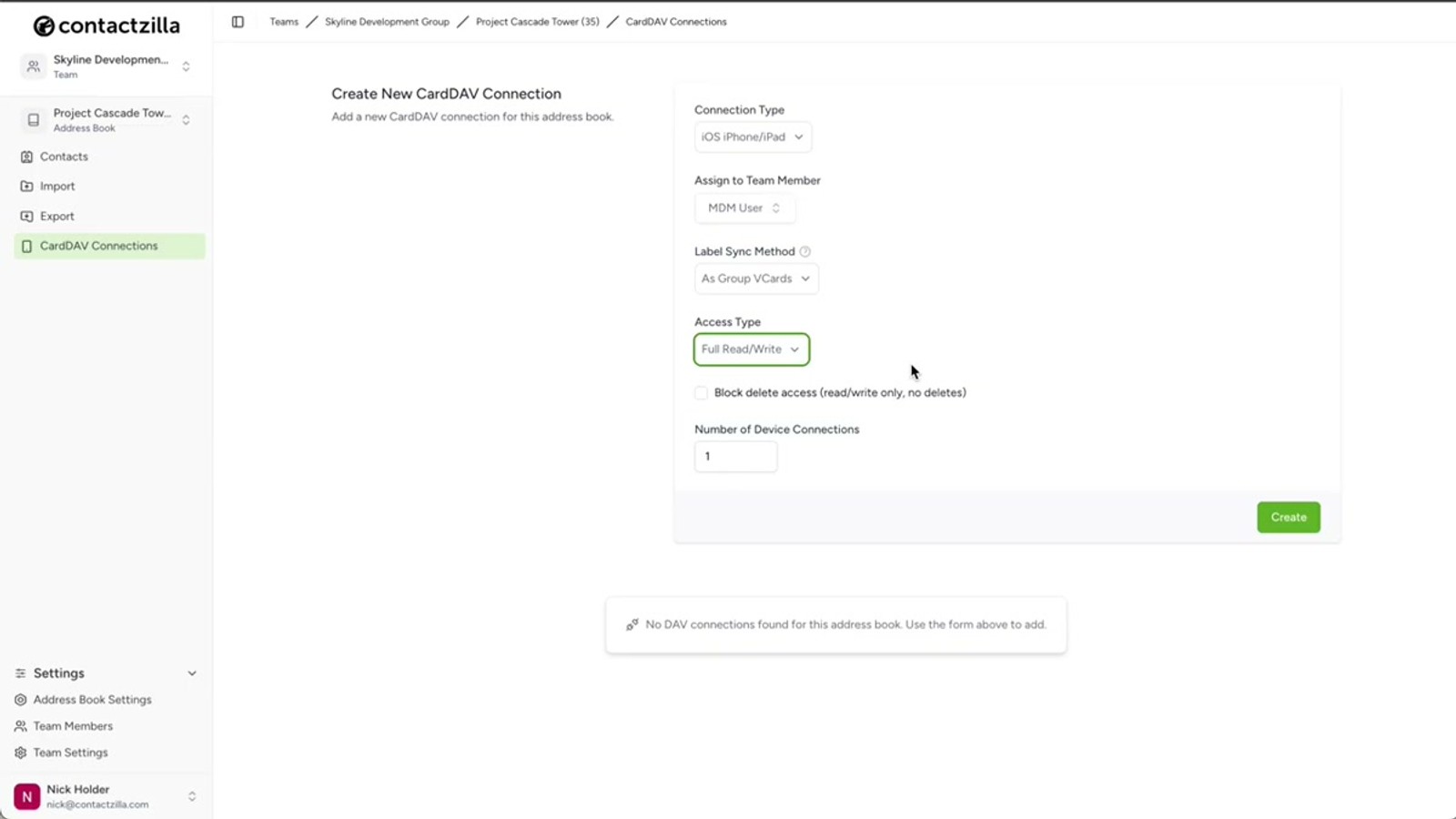 Contactzilla CardDAV connection configuration showing access level options including read-only, read-write, and selective read-only