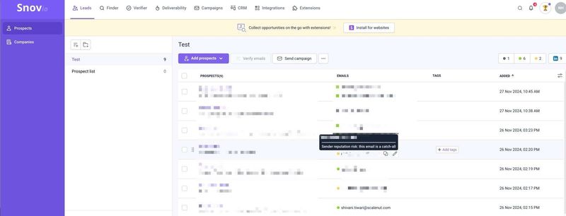 Snovio email finder interface with list of prospects.
