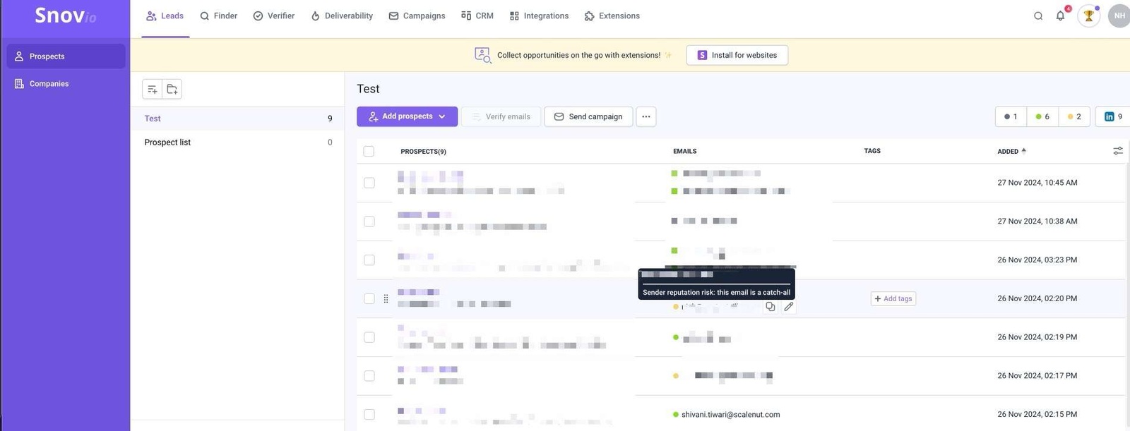 Snovio email finder interface with list of prospects.