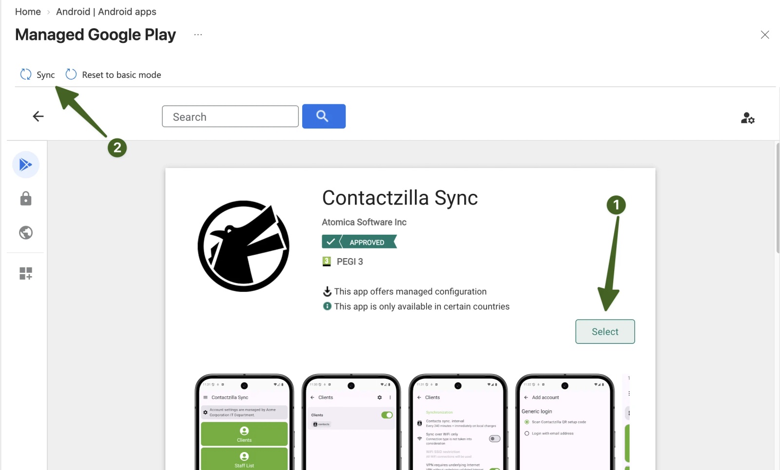 Managed Google Play listing for Contactzilla Sync showing the Approved badge, the Select button (arrow 1) and the Sync button in the toolbar (arrow 2)