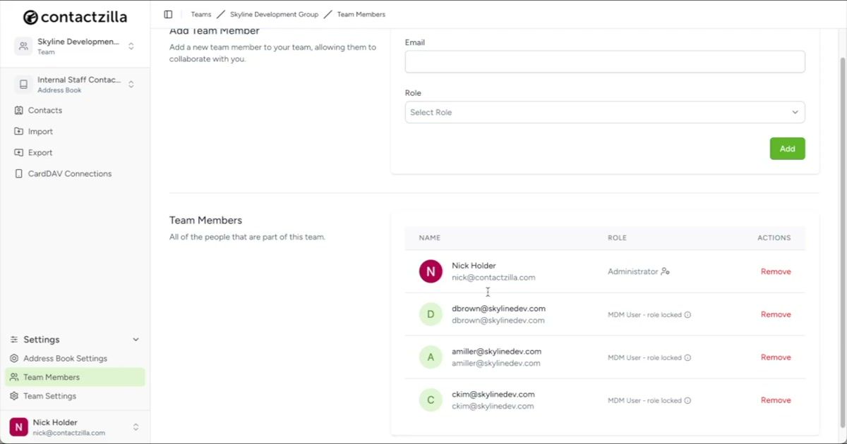 Contactzilla V2 dashboard showing the Teams overview and navigation structure