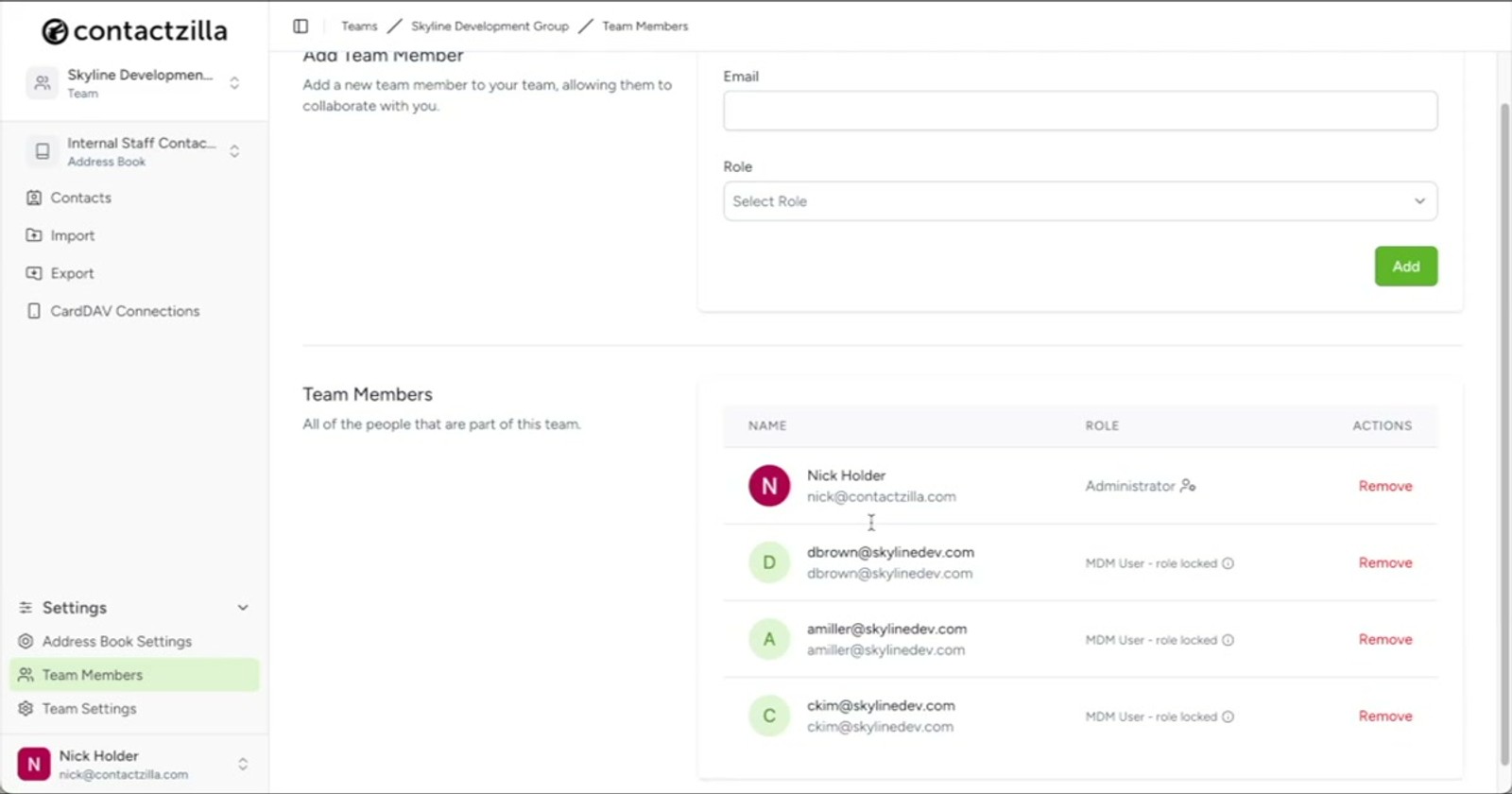 Contactzilla V2 dashboard showing the Teams overview and navigation structure
