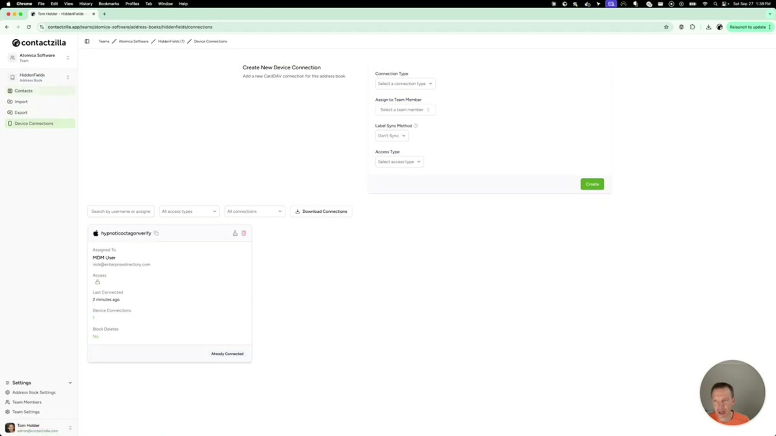 Contact detail view showing a custom field labeled Specialty with value Computers, a hidden custom field with Favorite Color set to Red, and a hidden custom unique field with SID value