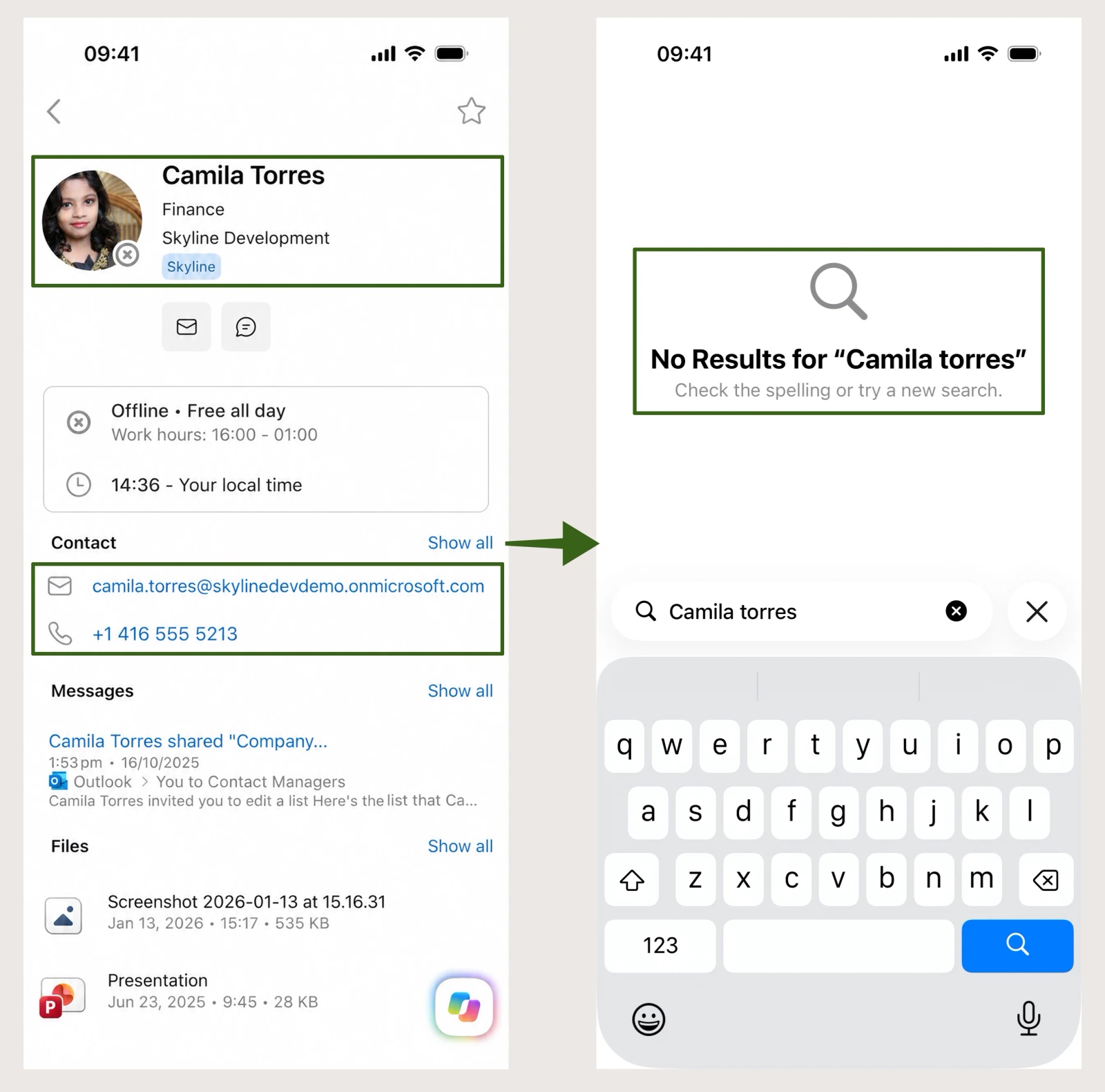 Outlook on iPhone finding Camila Torres in the company directory, beside the iPhone Contacts app showing No Results for the same name.