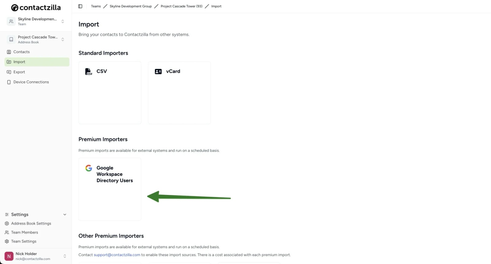 Import screen in Contactzilla showing the Google Workspace Directory Users importer option highlighted.