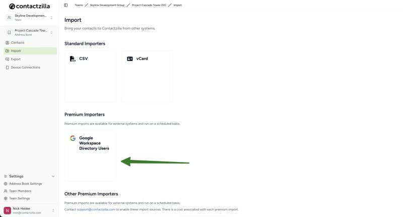 Import screen in Contactzilla showing the Google Workspace Directory Users importer option highlighted.