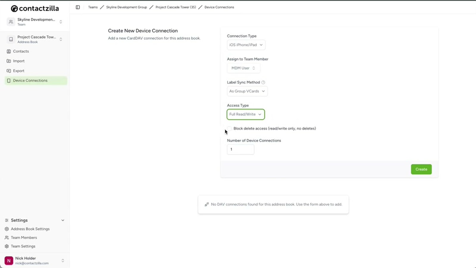 Contactzilla device connection settings showing access level options including read-only, read-write, and selective read-only with label selection