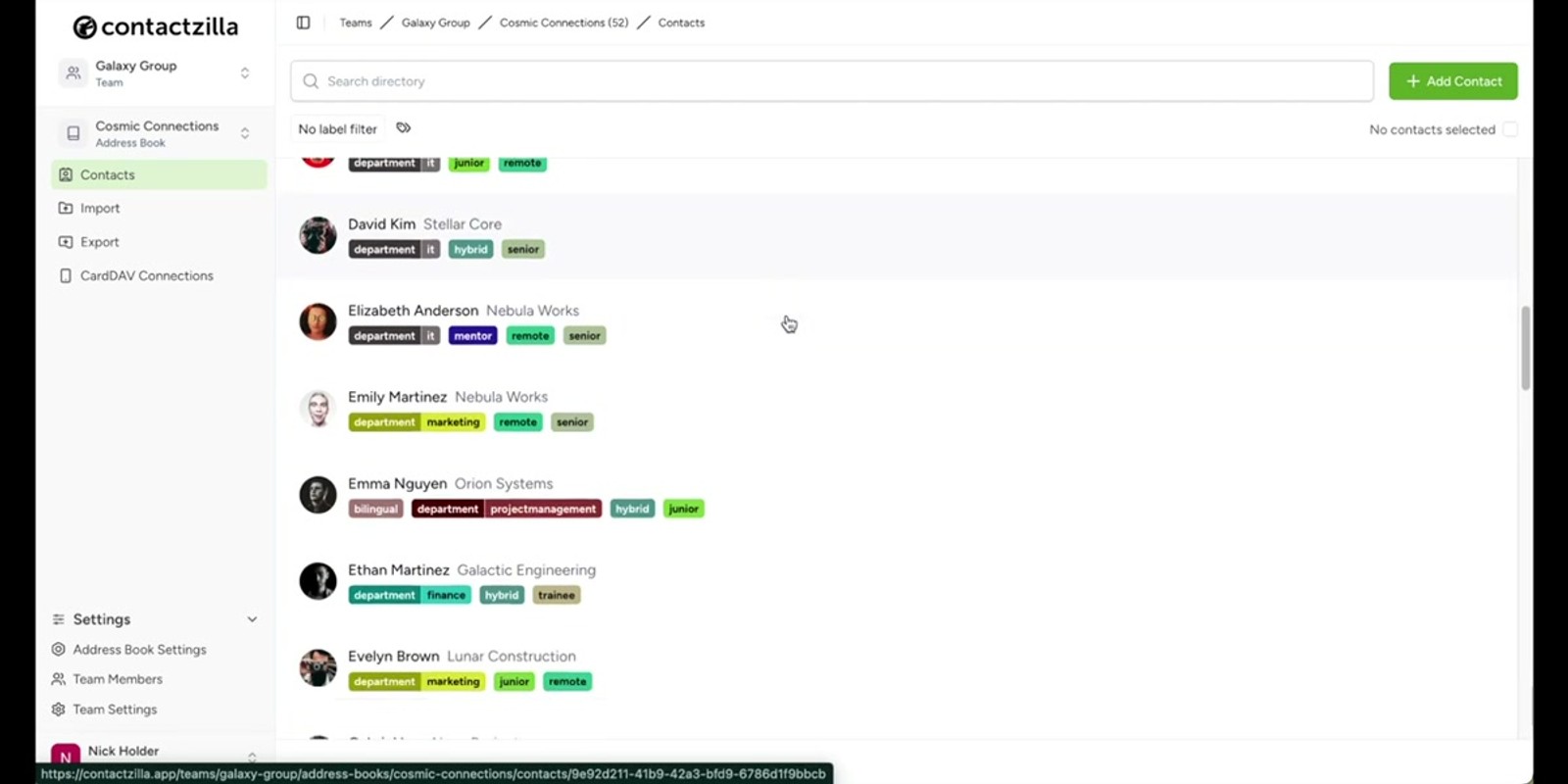 vCard import interface showing the upload area after selecting the vCard import option in the Luna List address book