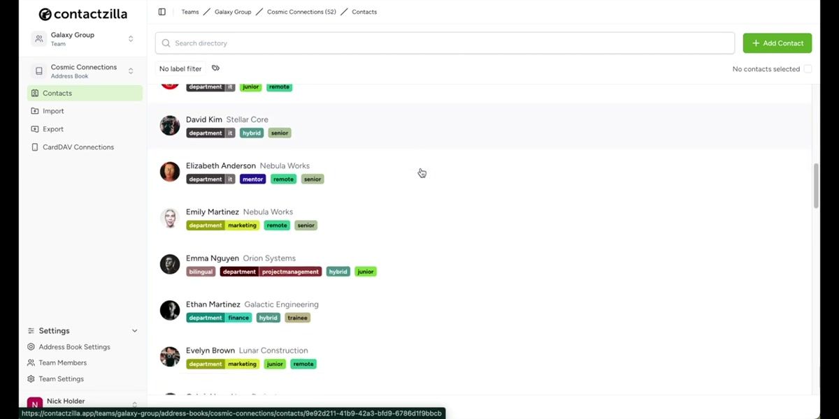 vCard import interface showing the upload area after selecting the vCard import option in the Luna List address book