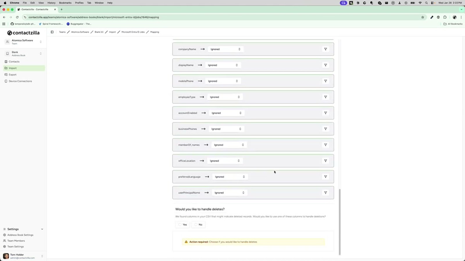 Contactzilla field mapping screen showing Microsoft Entra ID import fields being mapped to contact fields