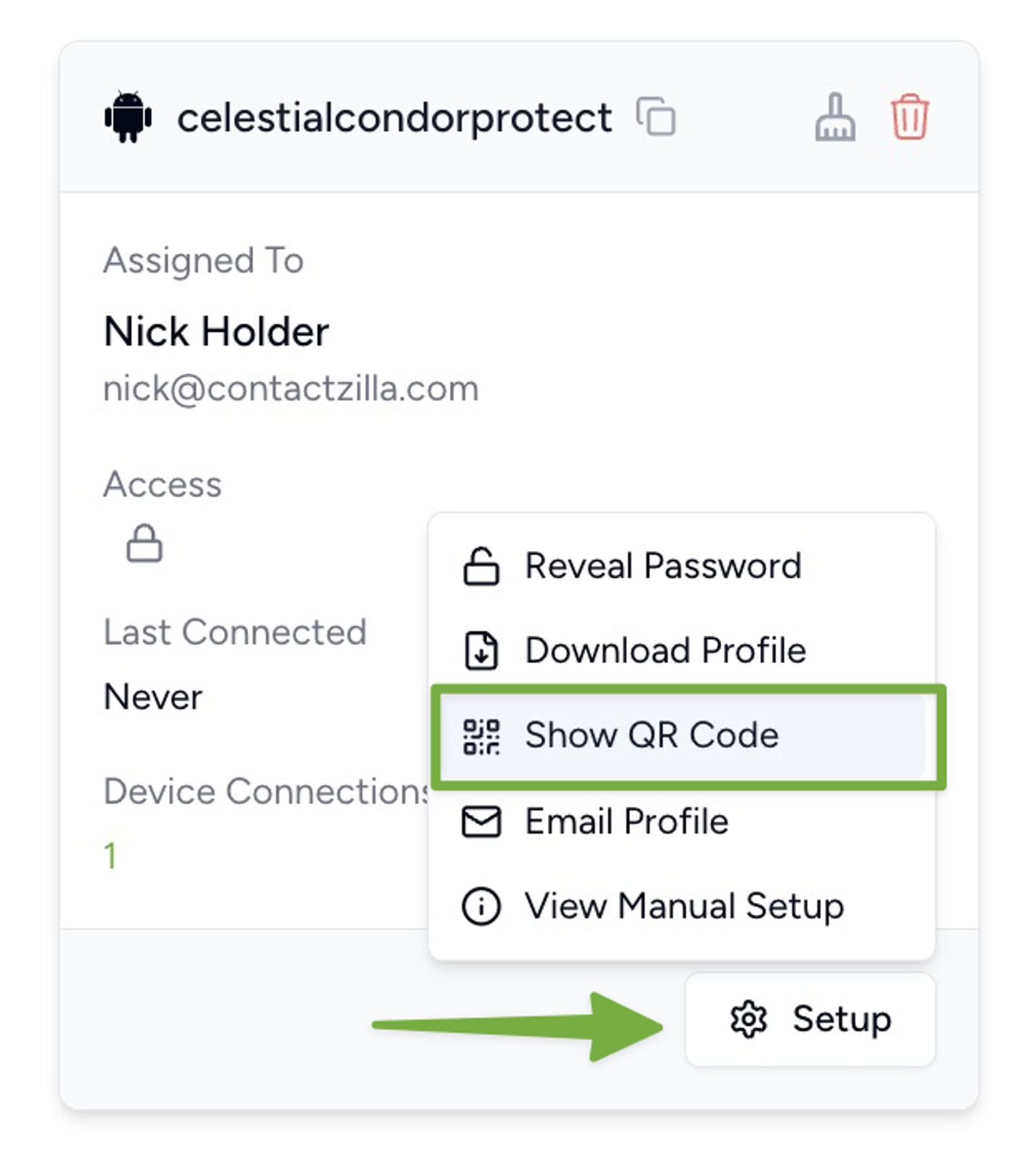 Setuo button is pressed to reveal an option to show the QR code.
