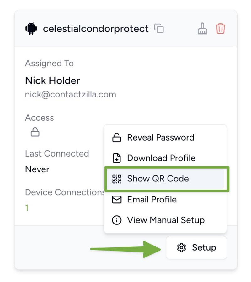 Setuo button is pressed to reveal an option to show the QR code.