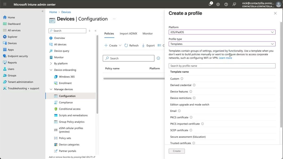 Microsoft Intune create policy screen showing platform set to iOS and profile type set to Custom template