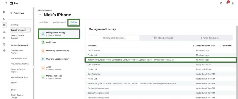 Jamf Pro Management History tab showing “Install Configuration Profile Contactzilla CardDAV” command marked as Completed after blank push.