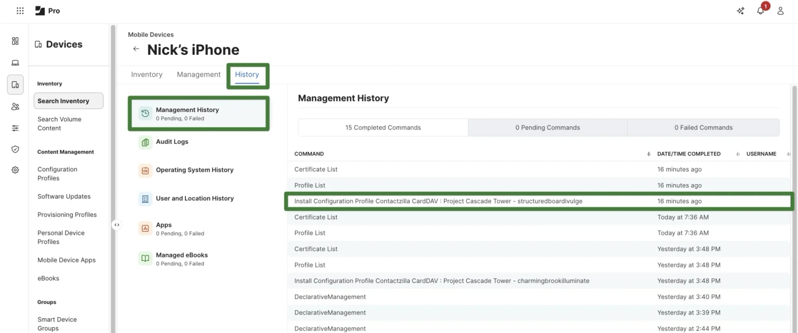 Jamf Pro Management History tab showing “Install Configuration Profile Contactzilla CardDAV” command marked as Completed after blank push.