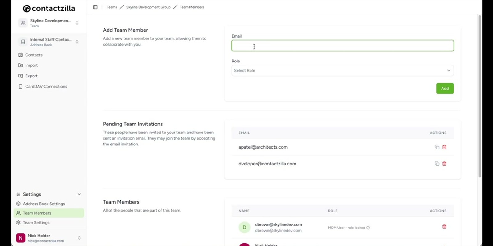 iPhone native Contacts app showing Contactzilla address book with labeled contact groups