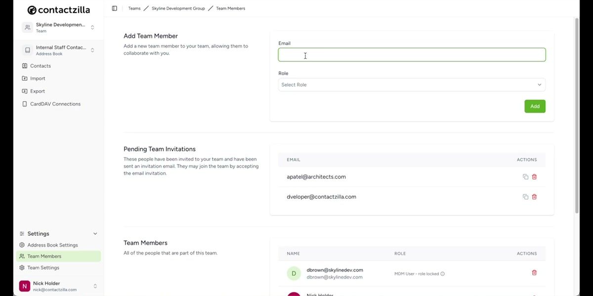 iPhone native Contacts app showing Contactzilla address book with labeled contact groups