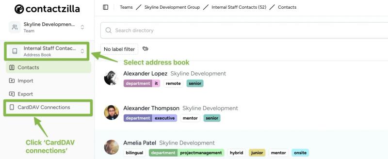 Screenshot from the Contactzilla web app showing the selection of an address book labeled “Internal Staff Contacts” under a team called “Skyline Development Group.” Two green-highlighted boxes mark the chosen address book and the “CardDAV Connections” menu item in the sidebar, illustrating Step 1: selecting the address book and navigating to the CardDAV Connections section.