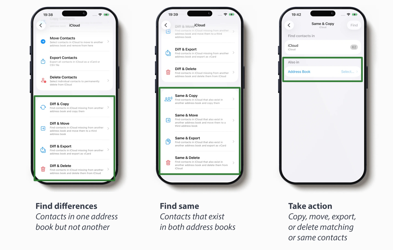 Contactzilla Migration Tools showing how to compare two iPhone contact address books, find different or matching contacts, and copy, move, export or delete the results.
