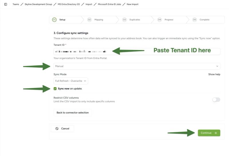 Configure Microsoft Entra ID sync settings in Contactzilla including Tenant ID and sync mode