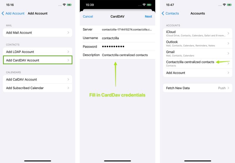 Completing CardDav setup by entering CardDav credentials.