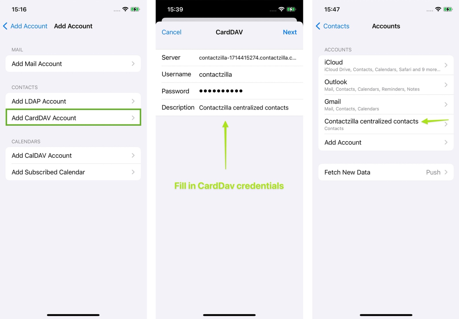 Completing CardDav setup by entering CardDav credentials.