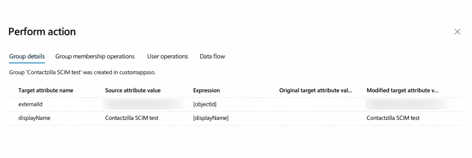 Entra Provision on demand result showing a group created in Contactzilla; IDs blurred.