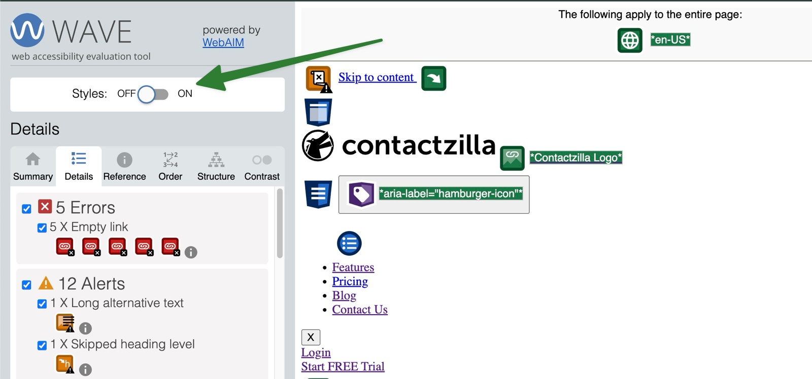 Screenshot of the WAVE accessibility evaluation tool with the 'Styles: ON/OFF' toggle highlighted. The page preview shows how the website appears with CSS styles turned off, making hidden elements like skip links and ARIA labels visible. The left panel displays a summary of five errors, including empty links, and several alerts such as long alternative text and skipped heading level.