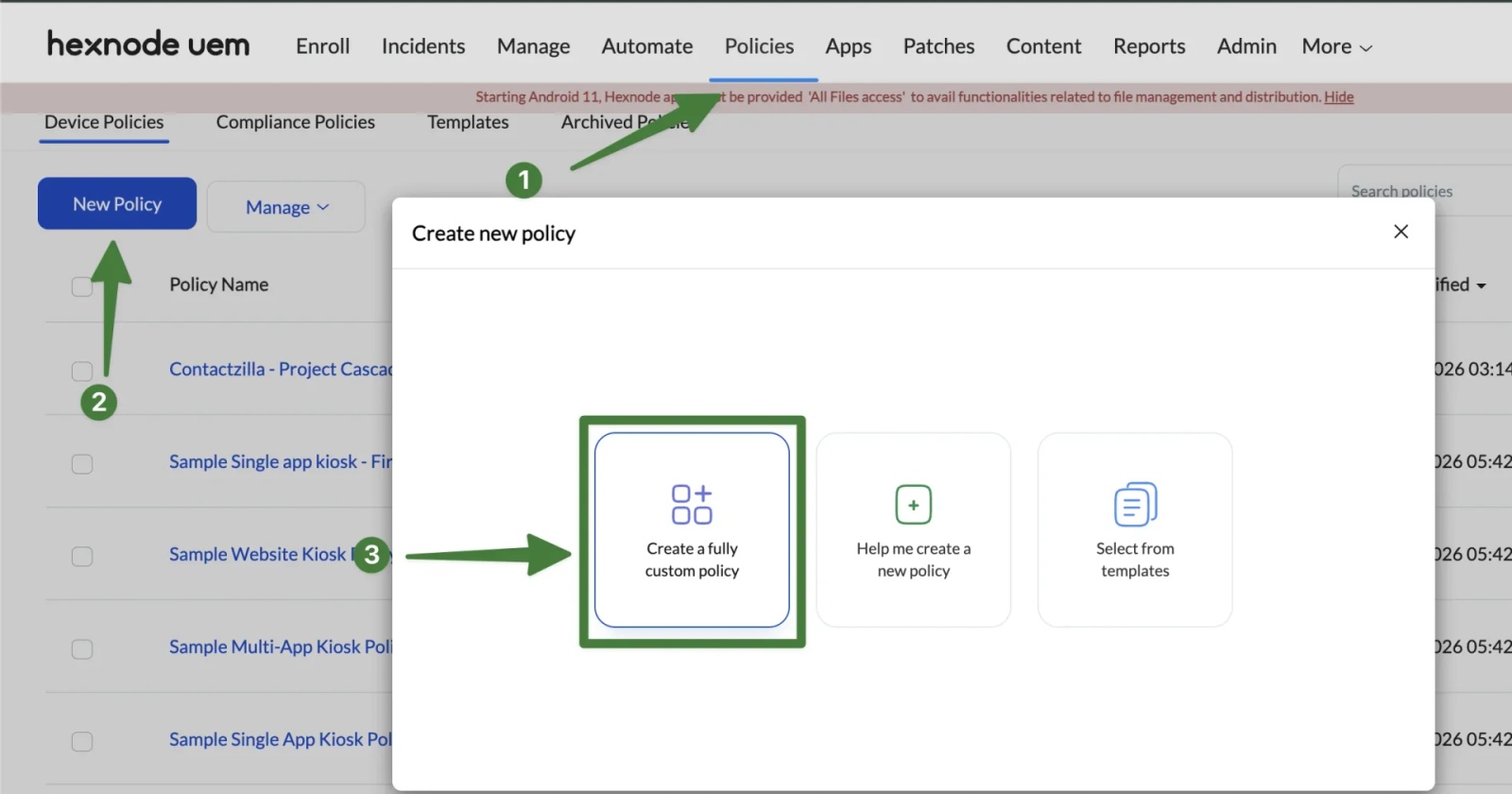 Hexnode Create New Policy screen showing the option to create a fully custom policy for deploying Contactzilla Sync on Android devices.