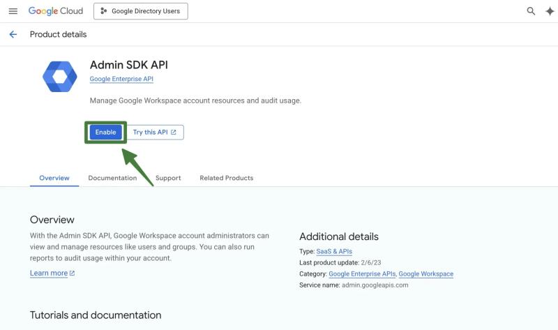 Admin SDK API details page in Google Cloud with the Enable button highlighted to activate the API.