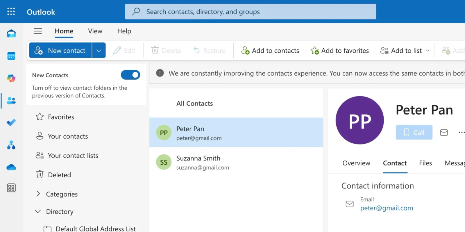 Screenshot of Outlook on the web showing the New Contacts toggle, All Contacts list, and contact detail panel — an example of UI behaviour that can cause sync and duplicate issues for mailbox-based tools.