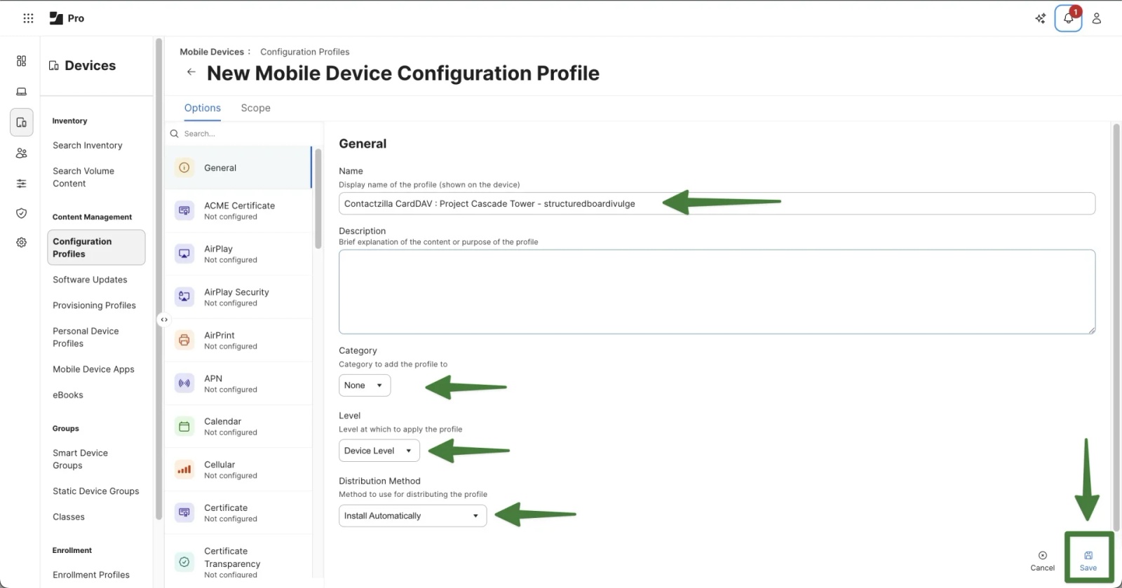 Jamf Pro General tab for a new mobile device configuration profile showing Device Level, Install Automatically, and Save options for a Contactzilla CardDAV deployment.