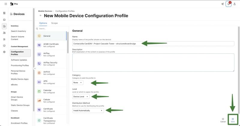 Jamf Pro General tab for a new mobile device configuration profile showing Device Level, Install Automatically, and Save options for a Contactzilla CardDAV deployment.